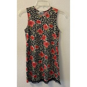 Vintage 90s Dress Size XS Floral Leopard Print Fringe Bathing Babes Mod Gogo